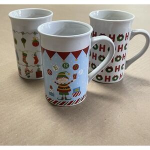 Royal Norfolk Set of 3 Ceramic Wreath, Ornaments, and Elf Holiday Coffee Cups